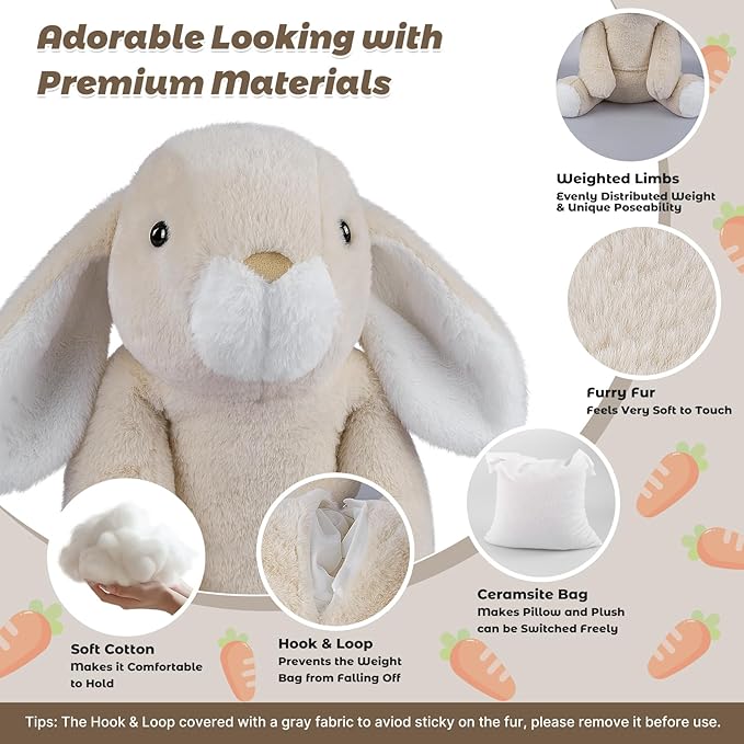 17" & 4.5lbs Rabbit Stuffed Animal, Weighted Stuffed Animals with Removable Ceramsite Bag, Cuddly & Soft Weighted Rabbit Plush for Adults & Kids, Rabbit Stuffed Gifts for Christmas & Valentine’s Day