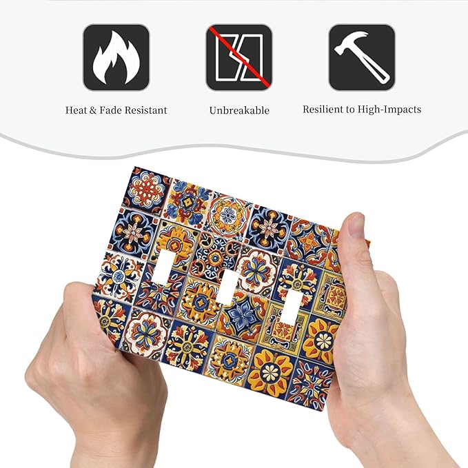 Mexican Talavera Tiles Flower Vintage Decorative Switch Plates 3 Gang Wall Plate Triple Toggle Light Switch Cover Faceplate Electrical Wall Panels for Kitchen Bathroom Decor