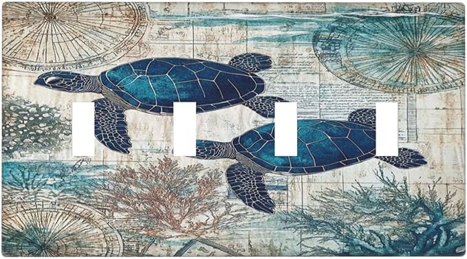 Blue Green Sea Turtle Tropical Ocean Coral Nautical Map Light Switch Covers Quad Toggle Electrical Faceplate 4 Gang Wall Plate Decorative Switch Plates For Bed Room Bathroom Decor