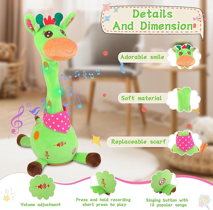 Dancing Giraffe Toy Stuffed Animal Baby Toys Singing Song Toddlers Toy Repeats What You Say Glowing Musical Toy for Baby Birthday Gift Groovy Giraffe Toy (Green Giraffe)