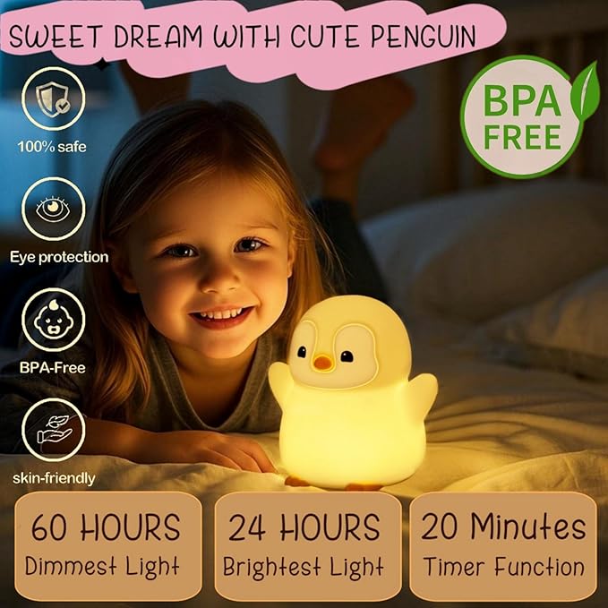 YR YRHH-PET Cute Penguin Night Light, LED Squishy Xmas Penguin Lamp, Food Grade Silicone Dimmable Nightlight, Kids Gray Penguins Light, Rechargeable Light Up Penguins Gifts, Kids Room College Decor