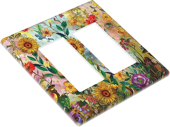 Fall Colorful Sunflower Floral Light Switch Plate Cover 2 Gang Double Rocker Wall Plates Electrical Faceplates Decorative GFCI Outlet Covers for Bedroom Bathroom Kitchen Art Decor