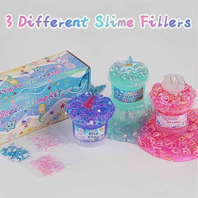 3 x 100mL Ocean Slime Kit for Girls & Boys: Mermaid Bead, Pink Crunchy & Blue Clear Slime, Sensory Experience DIY Slimes Set, Slimes Party Favors for Kids Birthday Easter Halloween Teens Gift