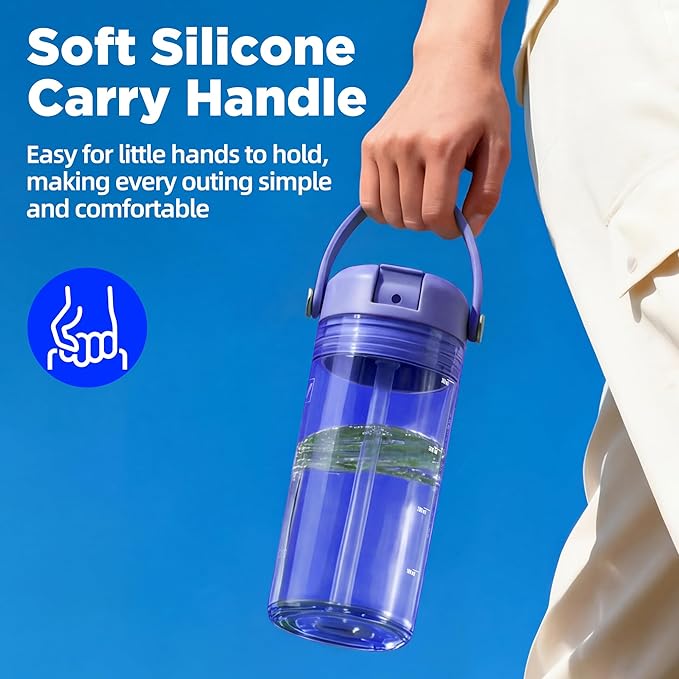 12oz Kids Water Bottle, BPA Free Thick Tritan Plastic Reusable, Clear Water Bottle with Straw, Leakproof Lid, Dishwasher Safe, Boy girl for School,Travel Purple