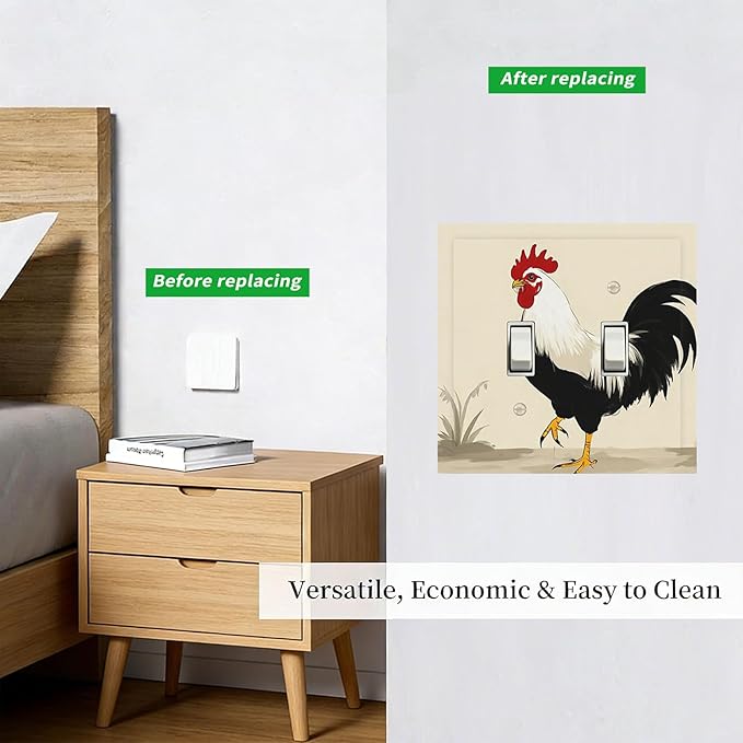 Watercolor Rooster Double Toggle Switch Cover - 2-Gang Standard US Size Farmhouse Rooster Light Switch Covers for Kitchen Living Room Dining Room Decor
