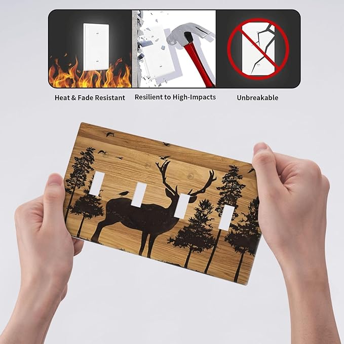 Elk Moose Forest Hunting Pyrography Art Wood Texture Print Light Switch Covers Quad Toggle Electrical Faceplate 4 Gang Wall Plate Decorative Switch Plates Cover for Farmhouse Bedroom Decor