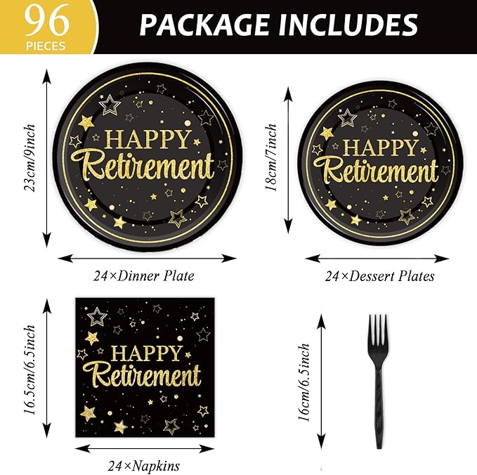 96 Pcs Retirement Party Plates Napkins Tableware Set Happy Retirement Supplies Black and Golden Disposable Dinnerware Retired Party Decoration Favors for Women Men, 24 Guests