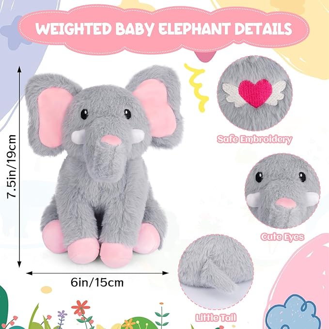 Weighted Elephant Stuffed Animal, Gray Soft Stuffed Elephant Plush Toy, Small Weighted Plush Comfort Birthday Gifts for Kids, 10 Inch, 0.8 Lbs
