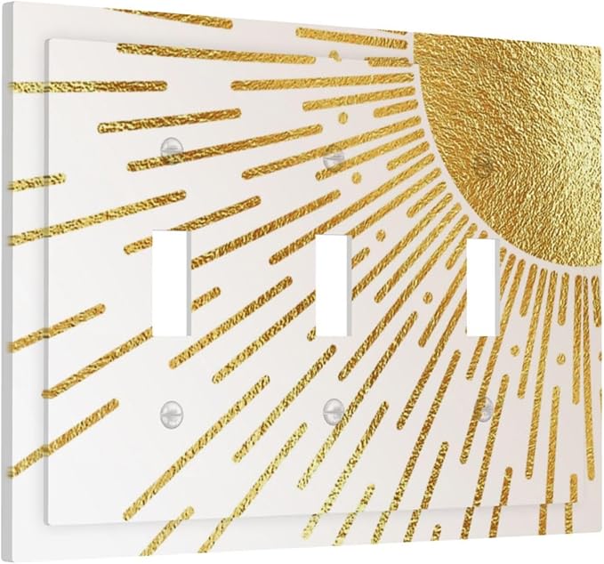 Mid Century Boho Gold Sun Abstract Sunrise Decorative Switch Plates 3 Gang Wall Plate Triple Toggle Light Switch Cover Faceplate Electrical Wall Panels for Kids Room Home Decor