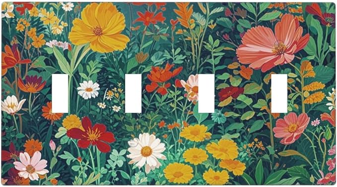 Decorative Switch Plate Cover with Wildflowers & Stars Botanical Floral Art Design 4 Gang Artistic Wall Plate Unique Quad Toggle Light Switch Covers for Garden Theme Wall Decor