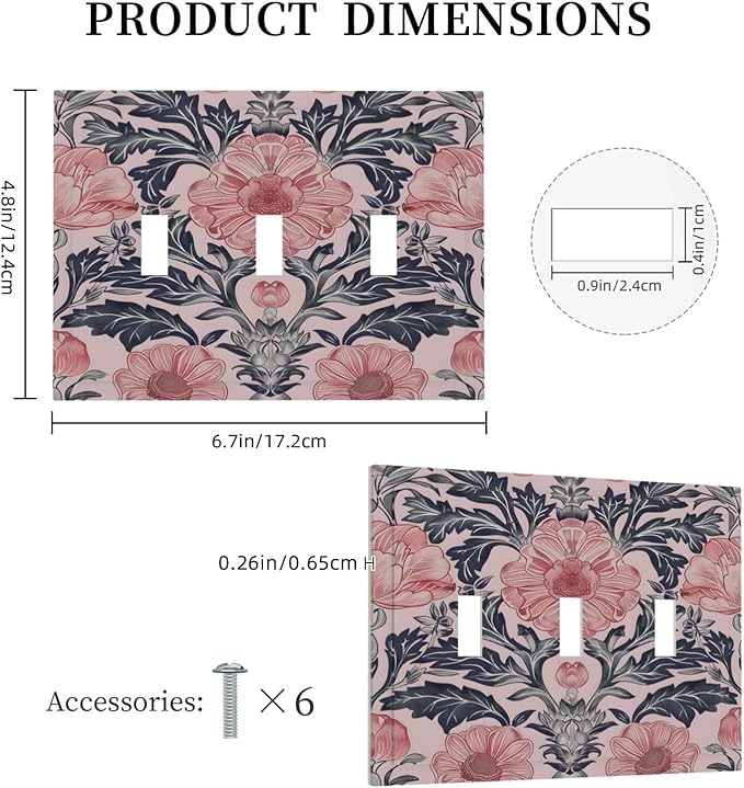 Pink Floral Vintage Botanical Boho Flower Decorative Switch Plates 3 Gang Wall Plate Triple Toggle Light Switch Cover Faceplate Electrical Wall Panels for Farmhouse Home Decor