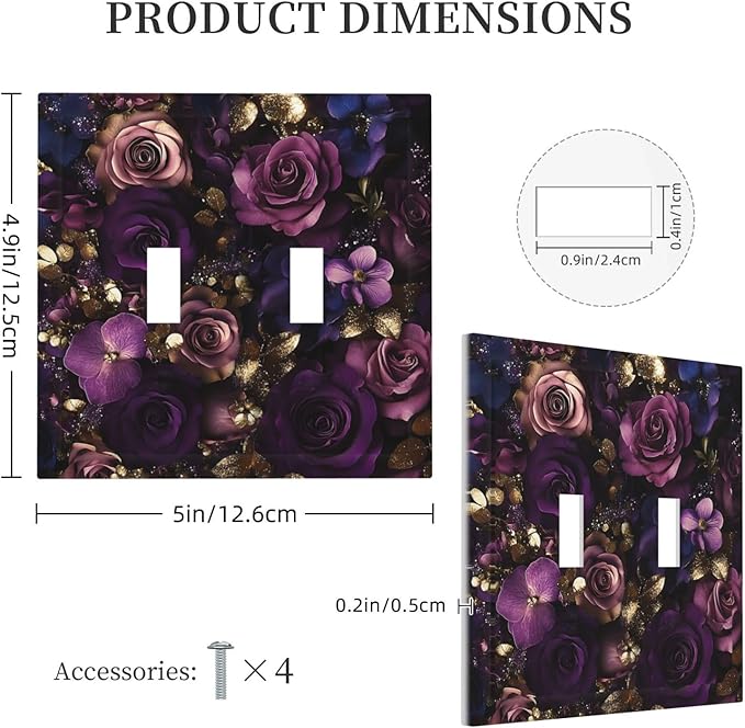 Decorative Switch Plate Cover with Luxurious Purple Roses Gold Accents Leaves Design 2 Gang Wall Plate Unique Double Toggle Double Light Switch Covers for Romantic Bedroom/Living Room Decor