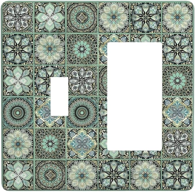 Moroccan Mandala Tile Floral Talavera Tiles Outlet Covers 1 Toggle 1 Rocker Combination Decorative Wall Plate Electrical Switch Plates Light Switch Cover Plate for Bathroom Kitchen Decor