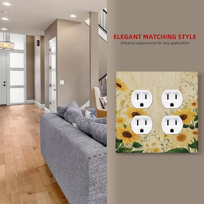 Decorative Outlet Covers with Vintage Botanical Sunflower Field Design 2 Gang Wall Plate Double Duplex Receptacle Light Switch Cover Switch Plate Cover for Nature Yellow Blooms Wall Decor