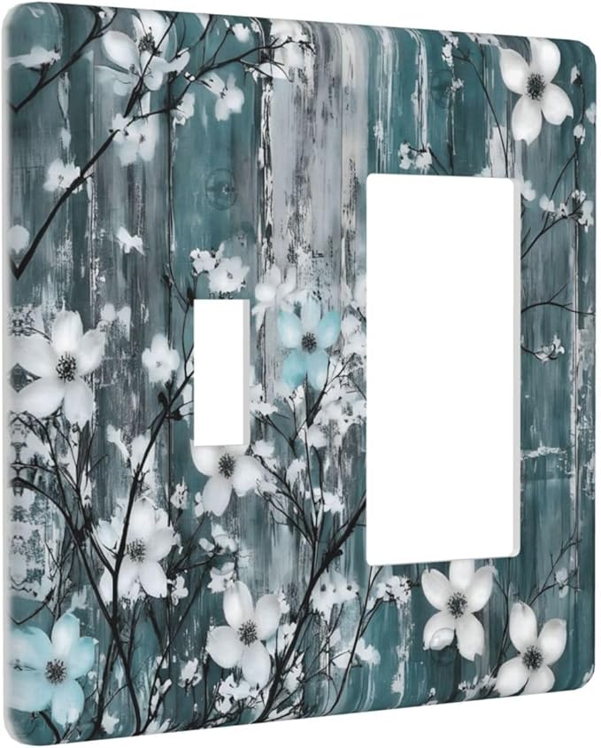 Rustic Blue Watercolor Flower Wooden Background Outlet Covers 1 Toggle 1 Rocker Combination Decorative Wall Plate Electrical Switch Plates Light Switch Cover Plate for Bedroom Living Room Decor