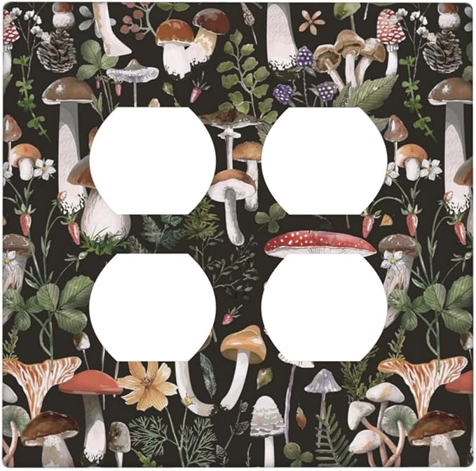 Cute Vintage Gothic Black Boho Floral Mushroom 2-Gang Device Duplex Wall Plate, Plant Fungus Forest Botany Tree Decorative Two Gang Double Duplex Receptacle Socket Outlet and Light Switch Cover Plate