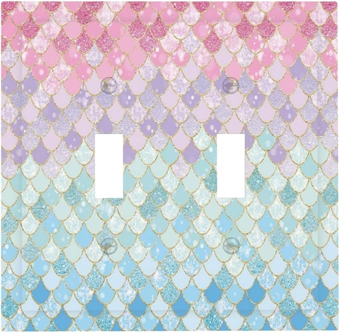 Colorful Mermaid Scales Double Toggle Light Switch Cover Decorative Blue 2 Gang Wall Plate Electrical Faceplate Switchplate for Girls Bedroom Kids Baby Nursery Living Room Decor
