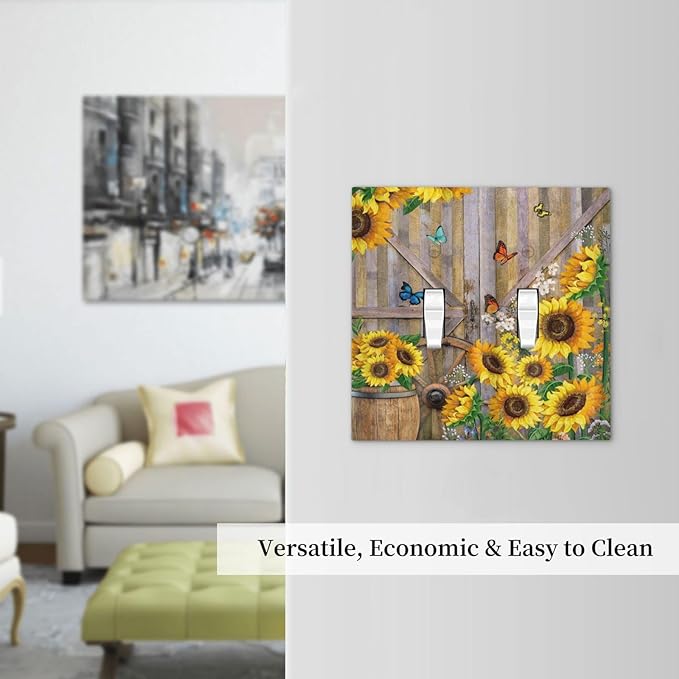 Rustic Sunflower Barn Door Wood Plank Double Toggle Light Switch Covers Decorative 2 Gang Wall Plate Electrical Faceplate Switchplate for Farmhouse Bathroom Bedroom Living Room Decor