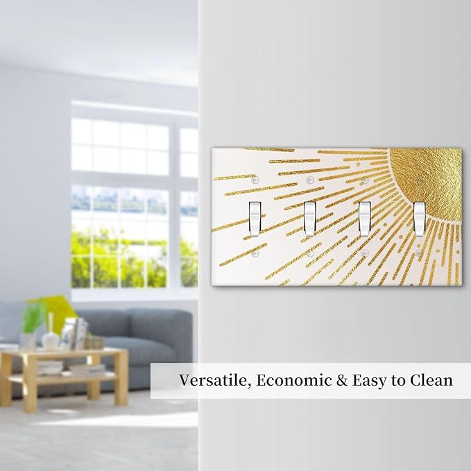 Mid Century Boho Gold Sun Abstract Sunrise Light Switch Covers Quad Toggle Electrical Faceplate 4 Gang Wall Plate Decorative Switch Plates for Kids Room Home Decor