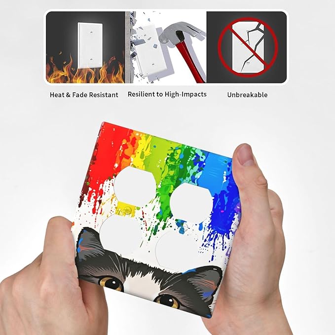 Cat Rainbow Double Duplex Receptacle Outlet Cover Wall Plate Decorative 2 Gang Light Switch Covers Electrical Switchplate Home Decorate Faceplat for Bathroom Bedroom Kitchen Room 4.5 x 4.5 Inch