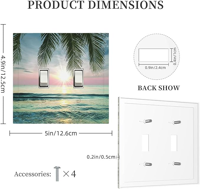 Tropical Beach Sunset Double Toggle Switch Cover - 2-Gang Standard US Size Palm Fringe Ocean View Light Switch Covers for Pool Beach House Decor