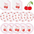 40 Pcs Cherry Birthday Decorations - Pink Bows Plates and Napkins Party Supplies, Disposable Scalloped Bowknot Paper Dinner Plates Napkins Sets for Fruits Cherry Table Party Decor Favors, Serves 20