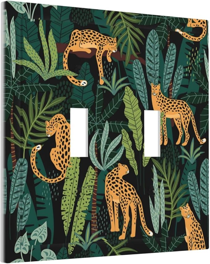 Jungle Cheetah Tropical Wildlife Leopard Green Palm Leaf Decorative Switch Plates 2 Gang Double Toggle Outlet Light Switch Cover Wall Plate Electrical Faceplate for Farmhouse Home Decor