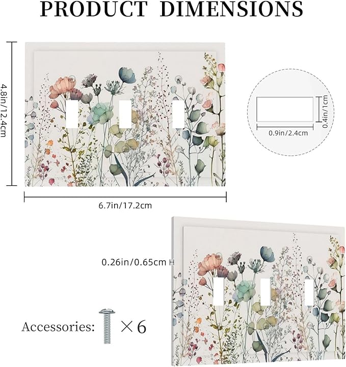 Spring Garden WildFlower Blossom Triple Toggle Device Switch Wall Plate 3-Gang Light Switch Cover Tan/Beige Flower Boho Floral Bontay Sage Herb Decorative Decorator Wallplate Switchplate Room Decorate