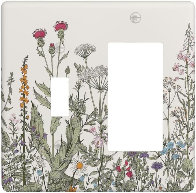 Vintage Colorful Wild Flower Floral 2 Gang Single Toggle/Rocker Combination Light Switch Cover Decorative Wall Plate Cover Electrical Faceplate Art Decor