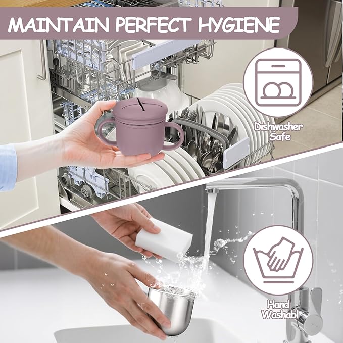 Toddler Snack Containers Stainless Steel Spill-Proof Snack Containers for Toddlers with Spill-Proof Silicone Lids and Handles 4-in-1 Baby Snack Cup is Dishwasher Safe for Easy use On The Go（Purple）