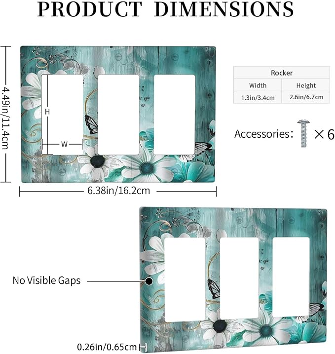 Decorative Outlet Covers Turquoise Flowers and Butterflies Rustic Teal White Floral 3 Gang Wall Plate Triple Rocker Decora Light Switch Cover Plate Jumbo Electrical GFCI Switch Plate Cover