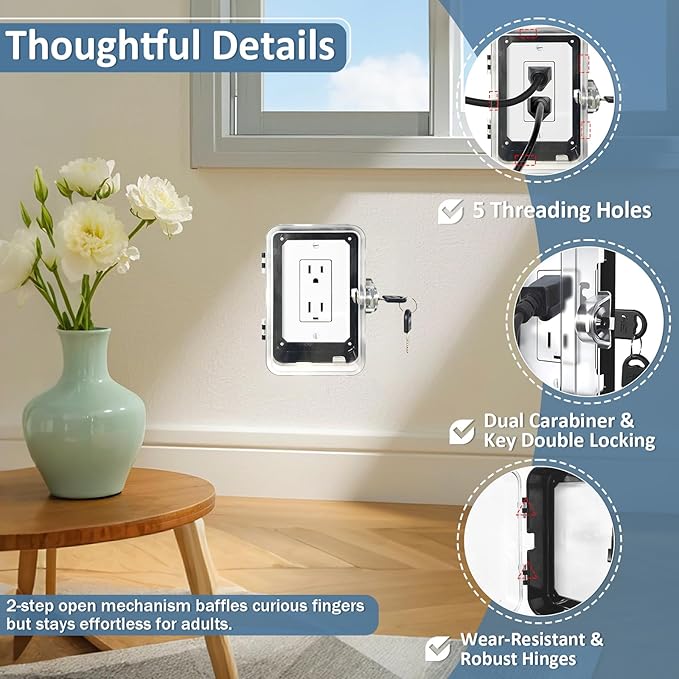 Child Proof Outlet Lock Box with 2 Durable Keys - Heavy Duty Safety Cover for Baby Proofing, Tool-Free Installation, More Space for Large Plugs Universal Fit Socket Protector (1Pack, Black)