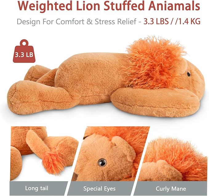 Niuniu Daddy 20" | 3.3 Pound Weighted Lion Stuffed Animals for Adults, Cute Soft Lion Plush Toy for Toddler Teens Kids, Large Lap Animal Body Pillow with for Present Christmas Birthday