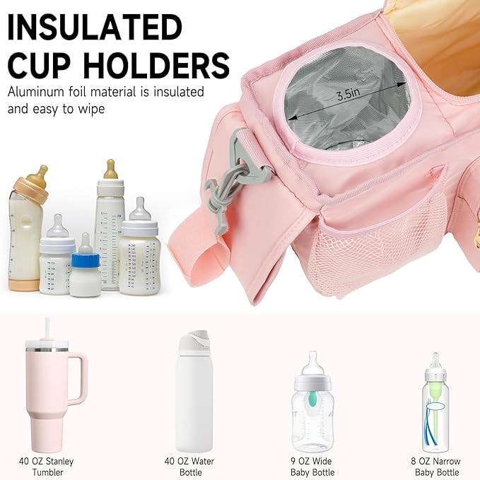Universal Stroller Organizer with Insulated Cup Holders,Large Capacity Non-Slip Stroller Caddy Bag Fits for Uppababy/Doona/Jogger/Britax/Mompush/BoB with Anti-Sag Hard Bottom and Wet Wipes Pocket