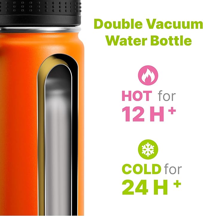 22 oz Water Bottle Stainless Steel Vacuum Insulated Wide Mouth Sports Flask, 2 Pack Water Bottle with Leakproof Spout Lid (Orange-Black)