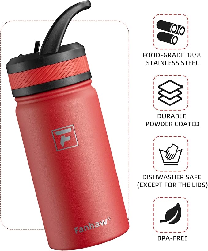 Fanhaw 14 Oz Kids Insulated Water Bottle with Straw Lid – Stainless Steel Double Wall Vacuum, Leak-Proof, BPA-Free Water Bottles for School Boys & Girls(Red)