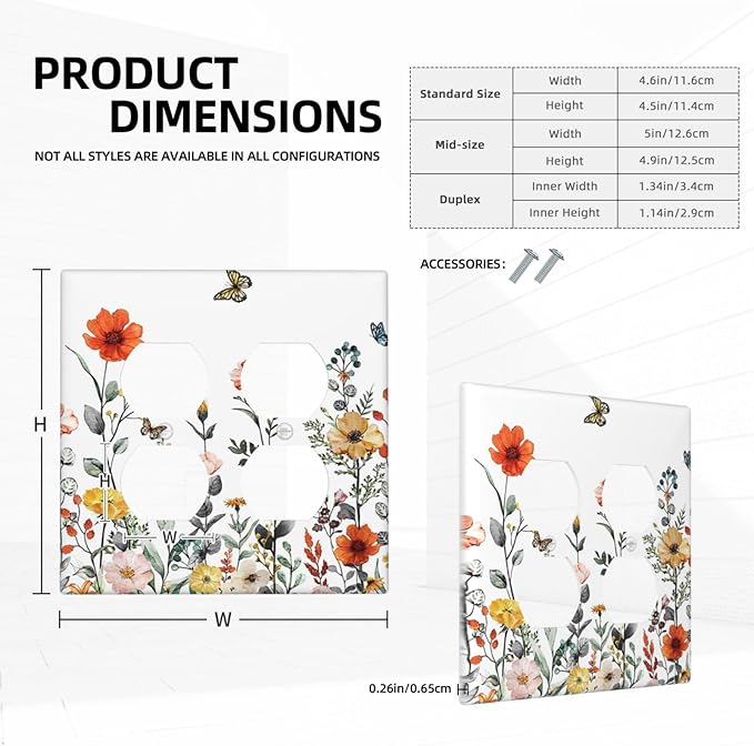 Colorful Country Vintage Floral Butterfly Flowers 2-Gang Device Duplex Wall Plate, Rural Watercolor Wildflower Decorative Two Gang Double Duplex Receptacle Socket Outlet and Light Switch Cover Plate