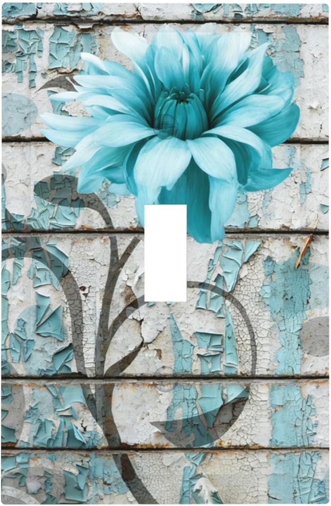 Vintage Floral 1-Gang Toggle Light Switch Plate, Rustic Farmhouse Teal Flower Distressed Brick Decorative Wall Plate for Bedroom Bathroom Decor