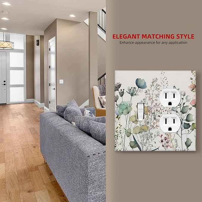 Tan/Beige/Blue Flower Boho Floral Combination 1-Toggle 1-Duplex Receptacle 2 Gang Wall Plate, Rustic Spring WildFlower Blossom 2 Gang Combo Single Toggle/Light Switch One Duplex Outlet Faceplate Cover