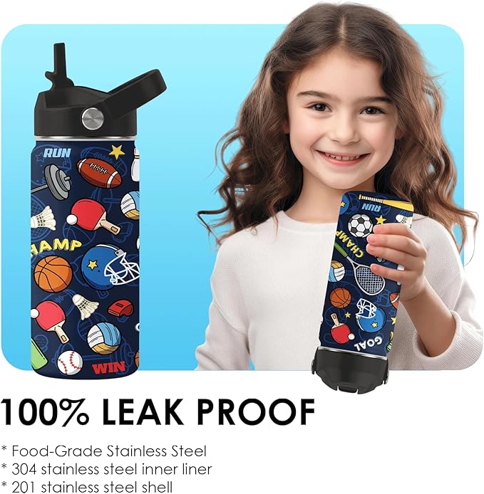 Sports Gifts for Men & Women - 16oz Water Bottle with Straw Lid, Stainless Steel Insulated Bottle, Leakproof, BPA-Free, for Boys Girls, School, Travel - Sport Balls Lovers Kids Birthday Gift Cup (1pc)