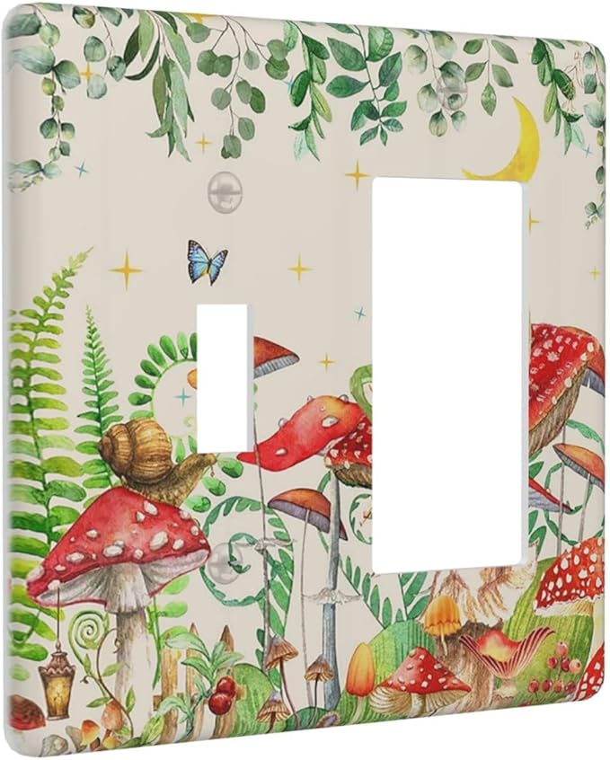 Outlet Covers Boho Mushrooms Frogs Butterflies Flowers Moon Stars 1 Toggle 1 Rocker Combination Decorative Wall Plate Light Switch Cover Plate Electrical Switch Plates for Kids room Bedroom