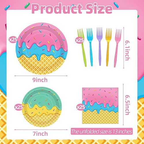 100 Pcs Ice Cream Cone Party Supplies Set, Serves 25 – Disposable Paper Plates, Napkins, and Colorful Forks, Ice Cream Themed Tableware for Kids Birthday, Summer, Sweet Shop, Dessert Party Decorations