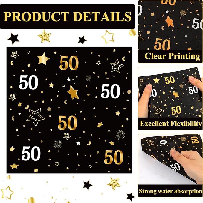 Qyeahkj 48Pcs 50th Birthday Paper Plates and Napkins Black and Gold Happy Birthday Party Decorations Cheers to 50 Years Party Supplies 50 Years Old Disposable Tableware Set for Women Men Serve 24