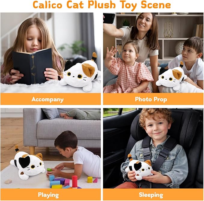 Weighted Calico Cat Plush,Realistic Weighted Cat Stuffed Animal,Sensory Comfort Huggable Small Weighted Plush Pillow for Kids Boys Girls Christmas Birthday Gifts,9.8 Inch,0.8 Lbs