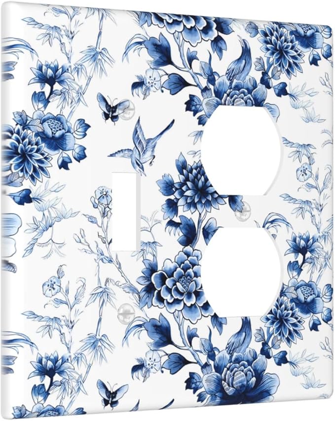 Blue Flower White Floral Plant Bird Butterfly Wallplates 1 Toggle 1 Duplex Switch Plate Electrical GFCI Faceplate Decorative Light Switch Covers for Bedroom Living Room Decor