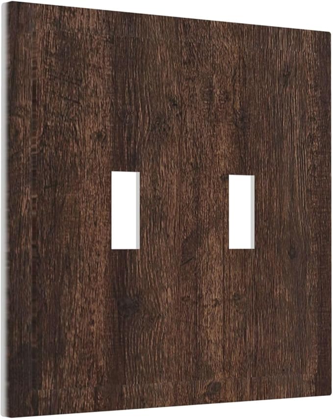 Decorative Switch Plate Cover with Rustic Dark Wood Grain & Vintage Style Design 2 Gang Wall Plate Unique Double Toggle Double Light Switch Covers for Kitchen/Living Room