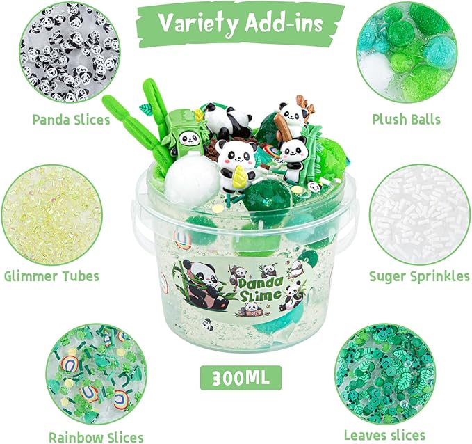 10 FL OZ Panda Clear Slime Bucket, Big Slime Kit with Clay, Slimes Party Favors for Kids, Glimmer Crunchy Slimes Includes 9 Packs of Add-ins, Sensory Experience DIY Toys for Girls and Boys Ages 8-12