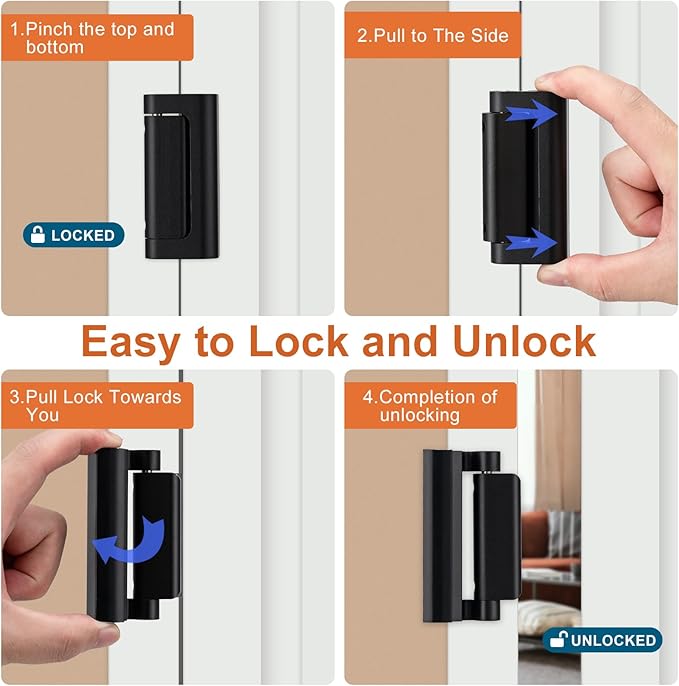 Husfunov 2 Pack Home Security Door Lock,Childproof Door Reinforcement Lock,with 3" Stop Withstand 800 lbs,for Inward Swing Doors,Night Kids Safety Metal Flip Lock Deadbolt Latch (Black)
