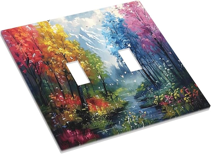 Colorful Forest Snow Mountain River Oil Painting Style Decorative Switch Plates 2 Gang Double Toggle Outlet Light Switch Cover Wall Plate Electrical Faceplate for Bedroom Living Room Decor