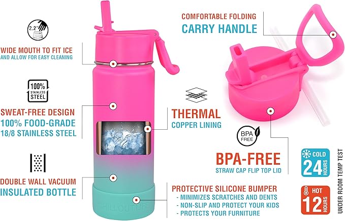 CHILLOUT LIFE 22 oz Kids Insulated Water Bottle for School with Straw Lid Leakproof and Cute Waterproof Stickers, Personalized Stainless Steel Thermos Flask Metal Water Bottle, Frozen Slushy